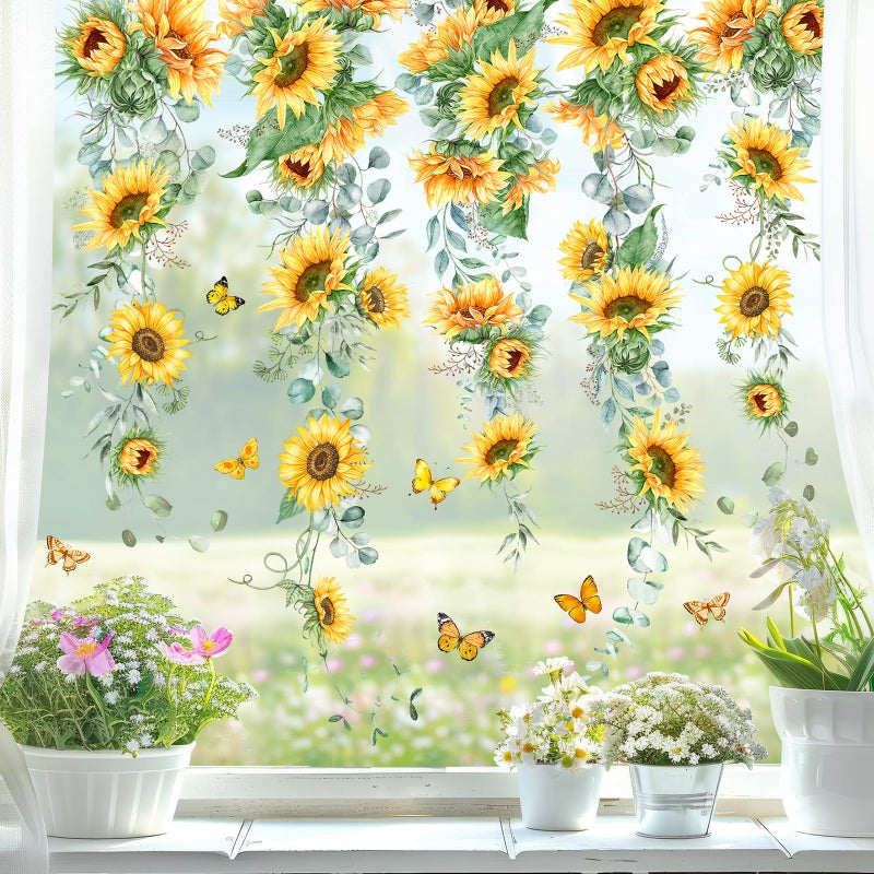 وولاين مجموعة ملصقات نوافذ زهرية ربيعية صيفية من والين، 9 أوراق، ملصقات نوافذ على شكل زهور معلقة، دوار الشمس، أوكالبتوس، قابلة لإعادة الاستخدام، زينة للحفلات، المنزل، المكتب، الفصل الدراسي - Image 1