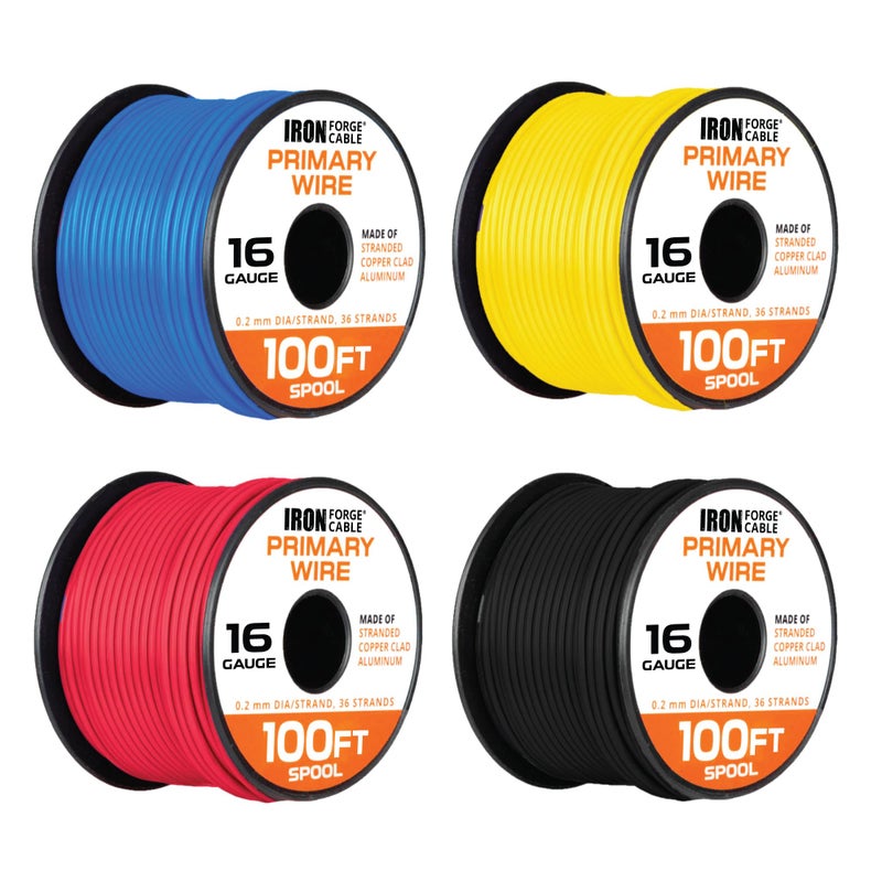 Iron Forge Cable 16 Gauge Primary Automotive Wire 4 Roll Assortment Pack 100 Ft of Copper Clad Aluminum Wire per Roll