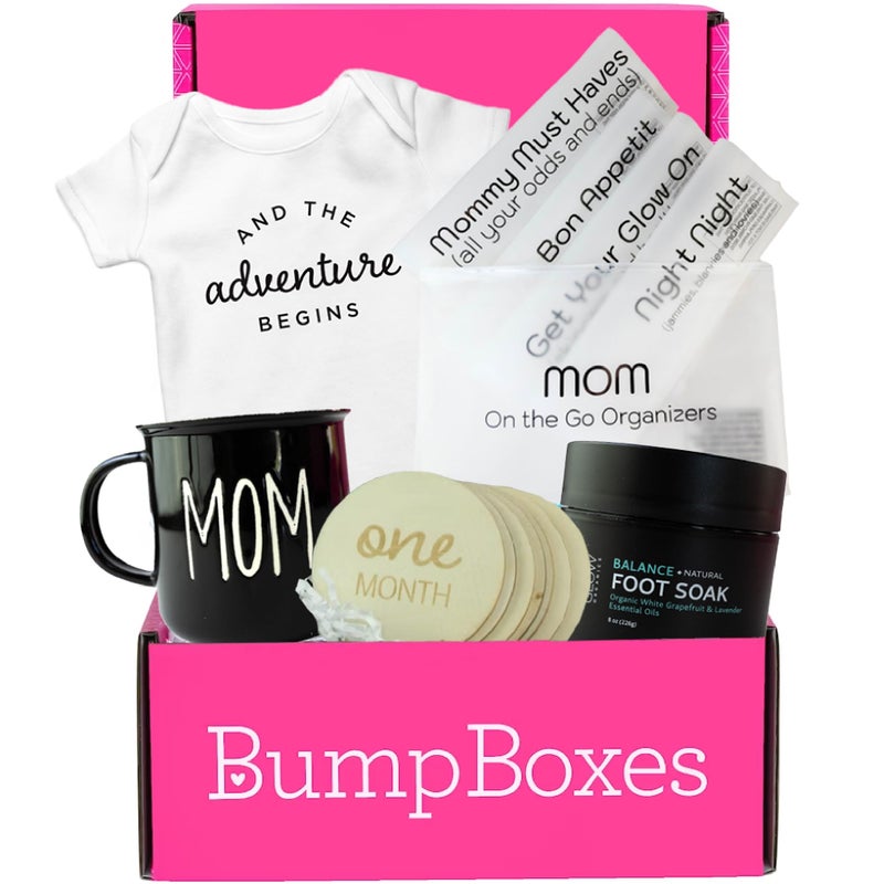 Bump Boxes 3rd Trimester & Postpartum Gift Set for New Moms with Milestone Disc, Baby Onesie, Travel Bags, Ceramic Mug, Organic Foot Soak, Gift for Mother to Be - Image 1