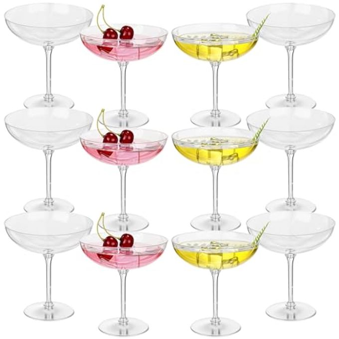 LemonRoad 12 Pcs Detachable Martini Glasses 9oz Disposable Plastic Coupe Cocktail Dessert Glassware Set for Champagne Wine Wedding Birthday Holiday Party Supplies (Clear)