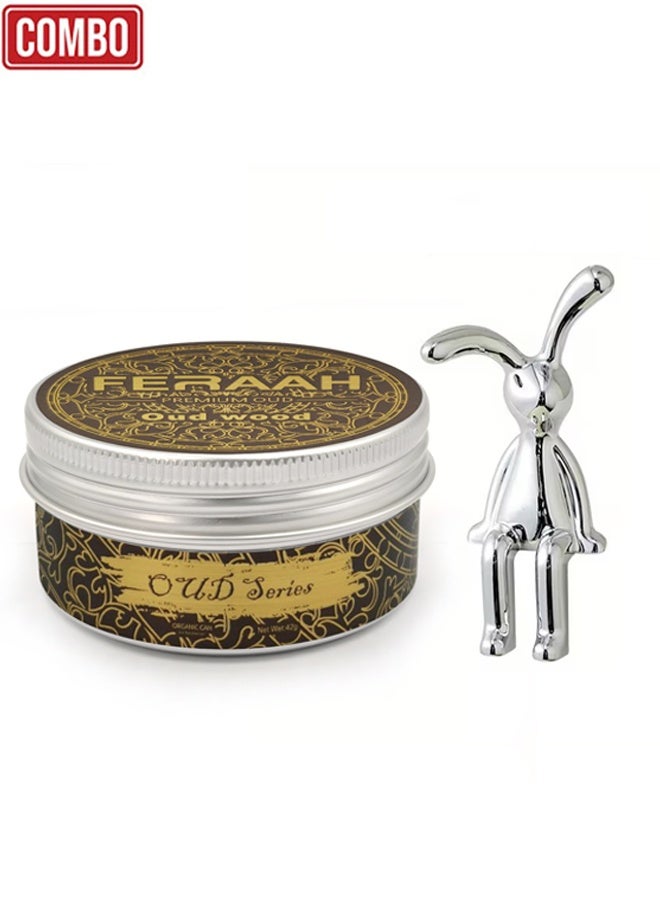 Decorative Silver Rabbit Figurine + FERAARH Oud Wood Car Air Freshener | Organic Gel, Long-Lasting Scent, Home Office Car Dashboard Decoration Combo - Image 1