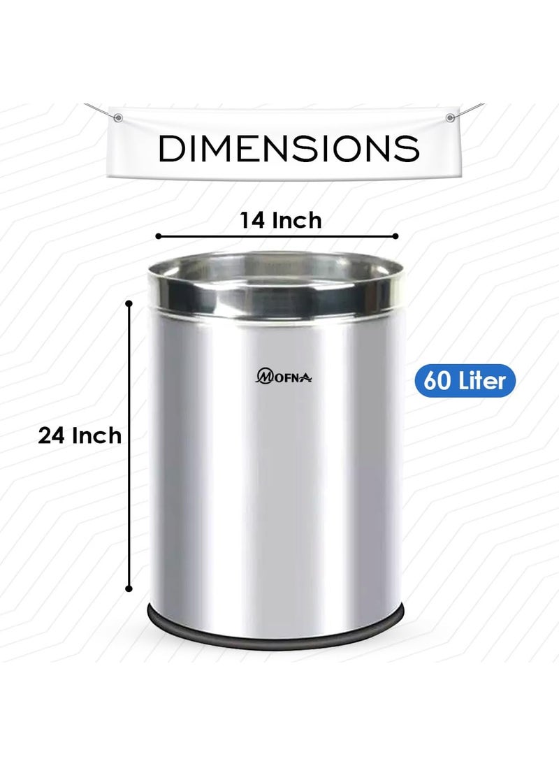 mofna Mofna Stainless Steel Open Type Solid Dustbin Without Lid Recycle Bin Trash Can Paper Bin Modern and Durable Waste Management Solution Silver 14x24 Inch 60 Liter  - Image 2