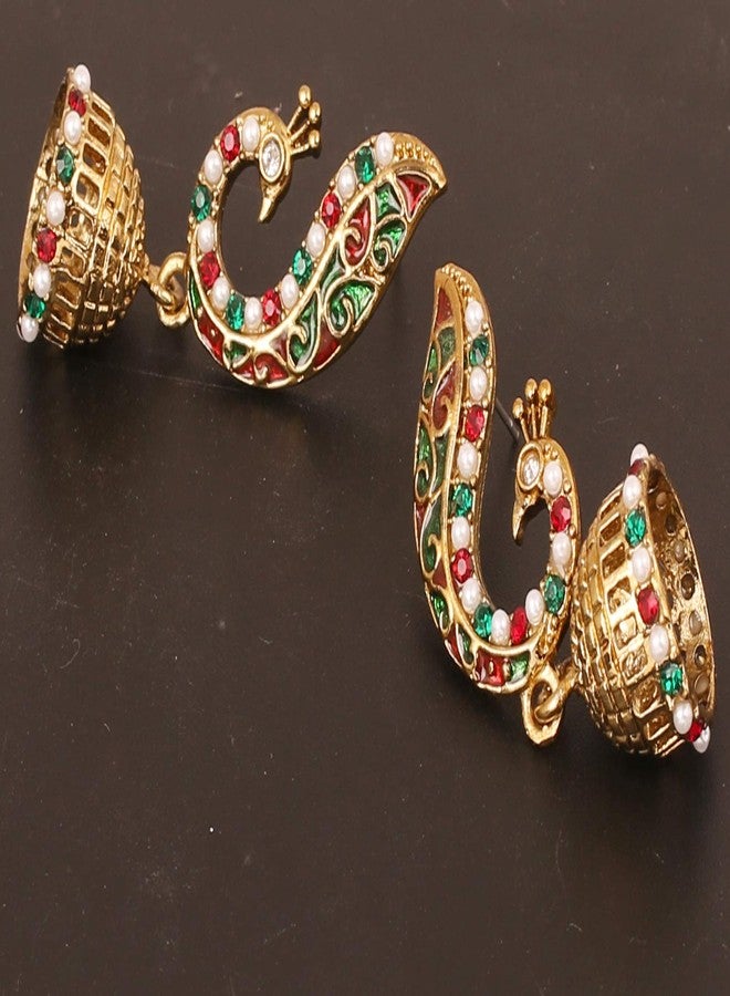 Touchstone Indian Bollywood Enamel/red/Green/White Peacock Jewelry Earrings in Antique Gold Tone for Women - Image 5