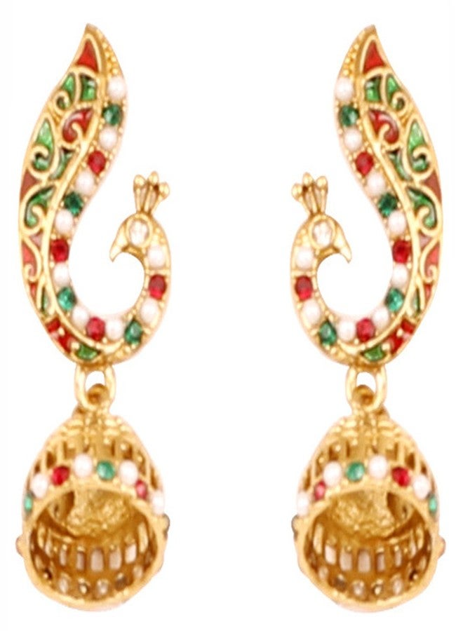 Touchstone Indian Bollywood Enamel/red/Green/White Peacock Jewelry Earrings in Antique Gold Tone for Women - Image 1