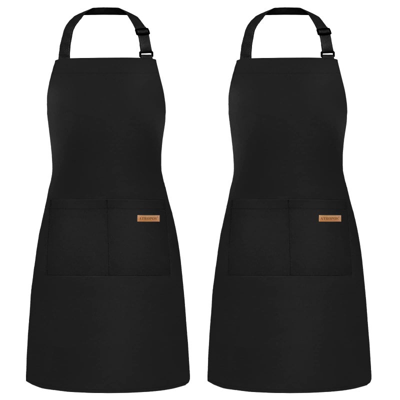 ATROPOS 2 Pack Black Adjustable Bib Cooking Apron Waterdrop Resistant with 2 Pockets Aprons for Men Women  Suit for Kitchen And Outdoor BBQ 358IN x 268IN Black