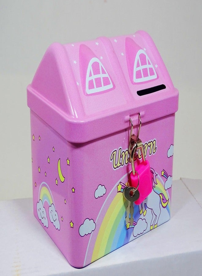 Dishvy Unicorn Hut Shape Piggy Bank for Kids| Lock and Two Keys (Pink) - Image 5