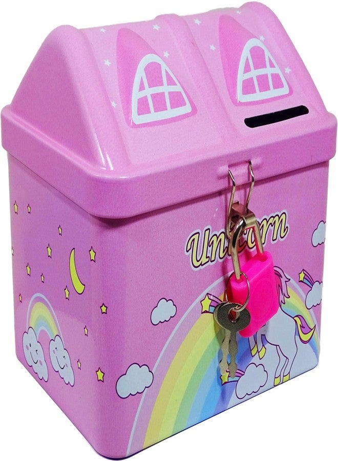 Dishvy Unicorn Hut Shape Piggy Bank for Kids| Lock and Two Keys (Pink) - Image 1