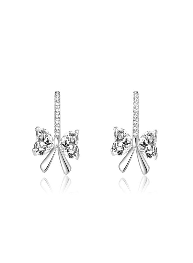 SLUYNZ 925 Sterling Silver CZ Bow Stud Earrings for Women Teen Girls Love Bowknot Stud Earrings Drop Christmas Gifts Bow Jewelry (A-SILVER) - Image 1