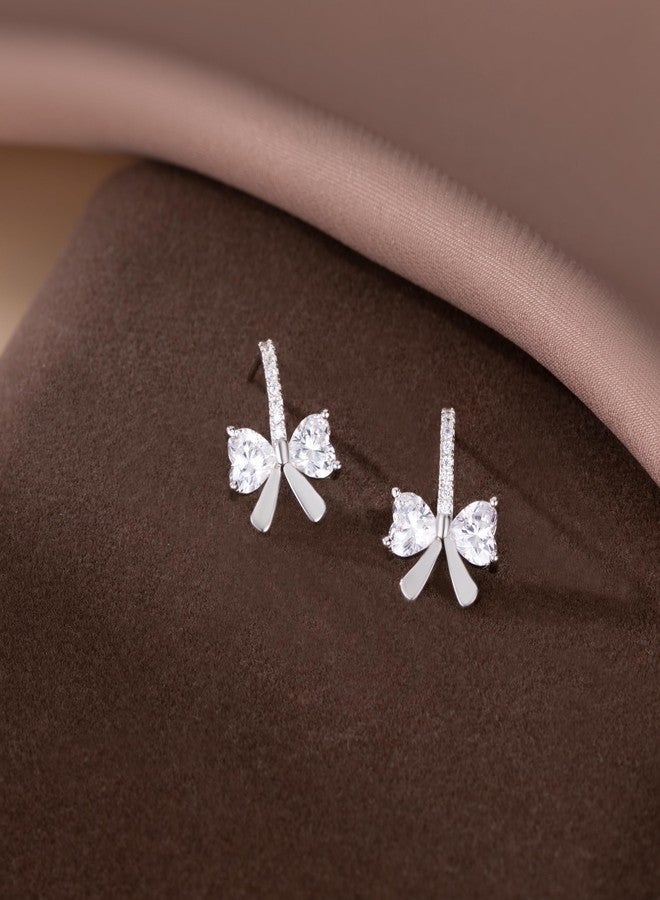 SLUYNZ 925 Sterling Silver CZ Bow Stud Earrings for Women Teen Girls Love Bowknot Stud Earrings Drop Christmas Gifts Bow Jewelry (A-SILVER) - Image 3