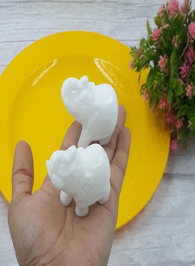 KRAFT CLOUDS Natural White Stone Elephants for Home Decor, Office Showpiece - Small Size 2 Inch (Set of 2 Pc.) - Soft Marble Made - Image 2