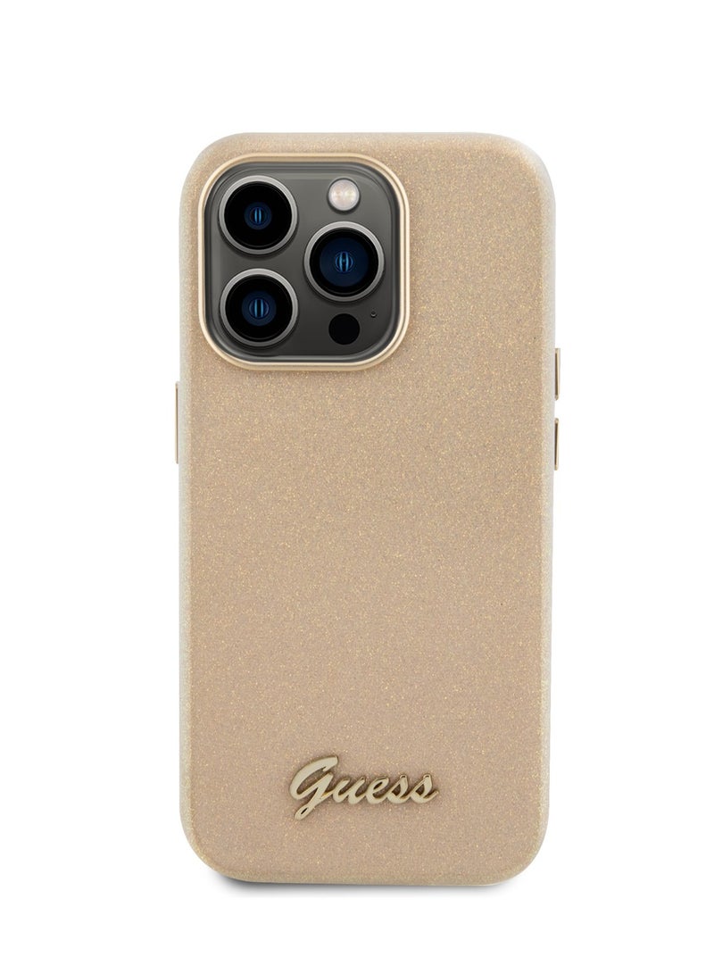 GUESS PU Glitter Glossy Case with Guess Script Logo for iPhone 15 Pro - Gold - Image 1