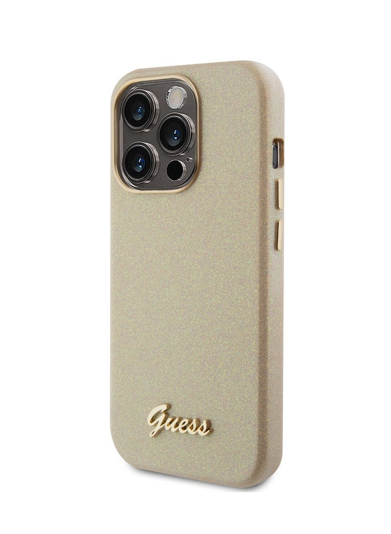 GUESS PU Glitter Glossy Case with Guess Script Logo for iPhone 15 Pro - Gold - Image 3