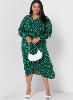 Floral Printed Puff Sleeve Shirt Dress