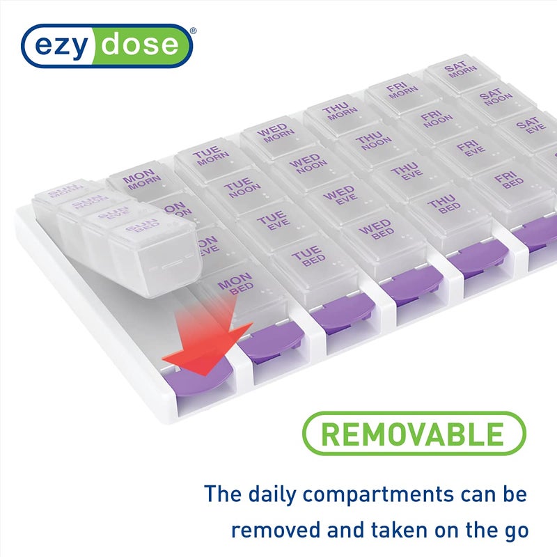EZY DOSE Weekly (7-Day) Daily Pill Case, Medicine Planner, Vitamin Organizer Container, 4 Times a Day, Small Removable Compartments, Covenient and Easy to Use, Color May Vary, Clear Lids, BPA Free - Image 4