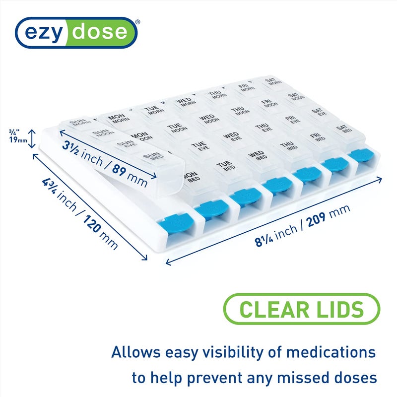 EZY DOSE Weekly (7-Day) Daily Pill Case, Medicine Planner, Vitamin Organizer Container, 4 Times a Day, Small Removable Compartments, Covenient and Easy to Use, Color May Vary, Clear Lids, BPA Free - Image 2