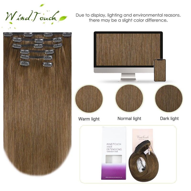 WindTouch Clip in Hair Extensions Real Human Hair Light Brown Hair Extensions 15Inch 75g 7PCS #6 Chestnut Brown Human Hair Clip in Extensions - Image 4