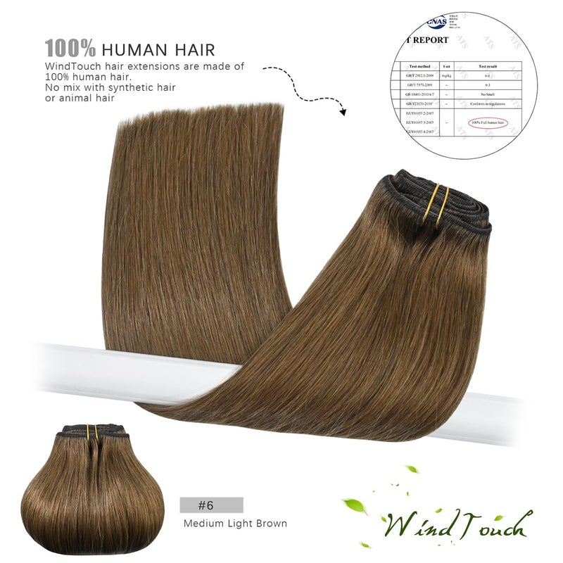 WindTouch Clip in Hair Extensions Real Human Hair Light Brown Hair Extensions 15Inch 75g 7PCS #6 Chestnut Brown Human Hair Clip in Extensions - Image 5