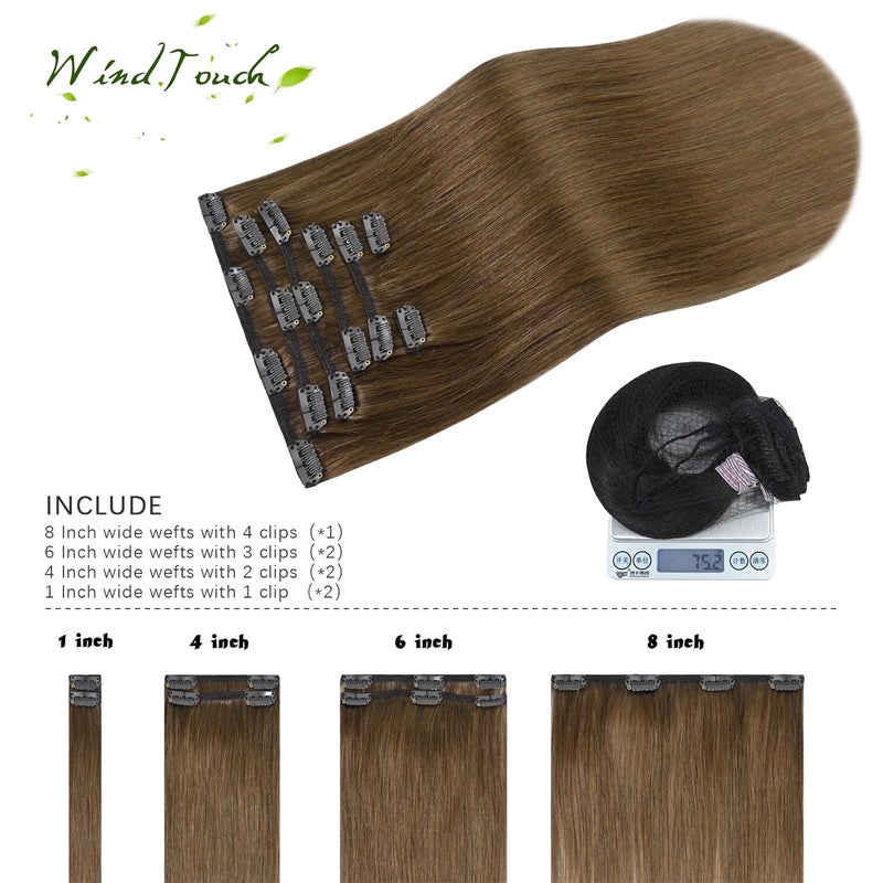 WindTouch Clip in Hair Extensions Real Human Hair Light Brown Hair Extensions 15Inch 75g 7PCS #6 Chestnut Brown Human Hair Clip in Extensions - Image 3