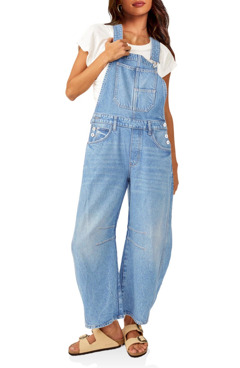 PLNOTME Women's Denim Bib Overalls Barrel Leg Adjustable Strap Jean Pants Jumpsuits with Pockets - Image 1