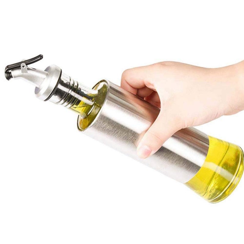 Ramkuwar Glass Olive Oil Dispenser Stainless Protection Bottle Glass Cooking Oil Vinegar Cruet for Kitchen and BBQ 500ml Steel