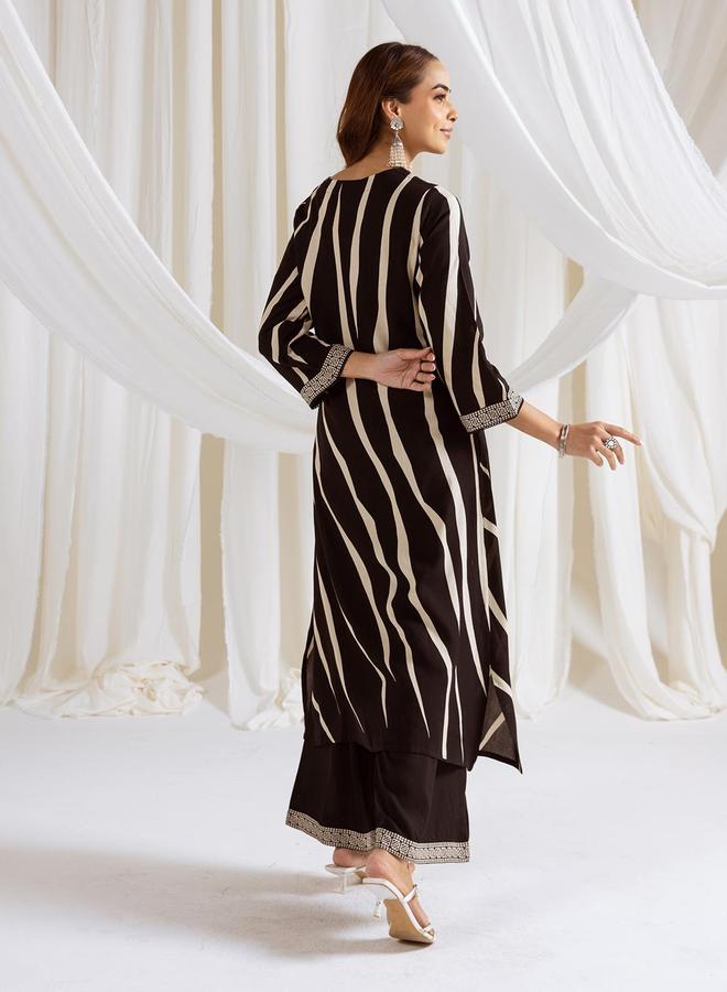 ISHIN Women's Black Rayon Printed Tunic Upper Calf Length Palazzo Bottom Straight Fit 2 Peice Kurta Set - Image 3