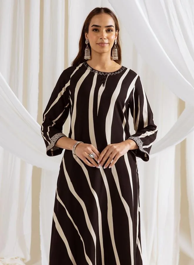 ISHIN Women's Black Rayon Printed Tunic Upper Calf Length Palazzo Bottom Straight Fit 2 Peice Kurta Set