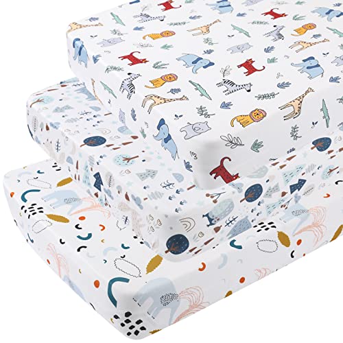 Pack and Play Sheets 3 Pack for Baby Boy Stretchy Jersey Knitted Portable Mini Crib Sheets Playard Mattress Cover Woodland Animal Elephant Fox Lion Bear Giraffe Zebra Printing