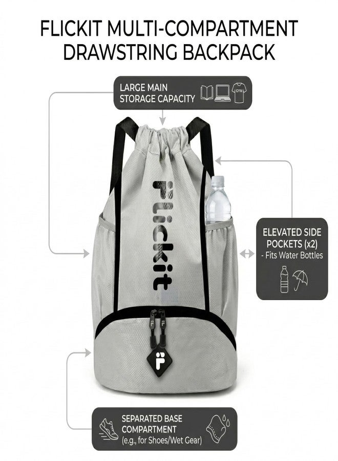 FLICKIT Sports Drawstring Bag Backpack for Men & Women | Football, Gym, Trekking & Travel Use | Water-Resistant Material | Shoe Compartment with Zip Pocket | Lightweight & Spacious - Grey - Image 3