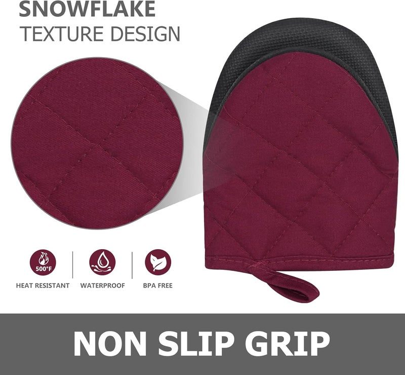 Qulable 1 Pair Short Oven Mitts - Silicone Kitchen Oven Gloves High Heat Resistant 500℉, Mini Oven Mits with Non-Slip Grip Surfaces and Hanging Loop for BBQ, Baking, Cooking and Grilling (Dark Red) - Image 5