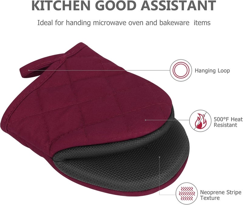 Qulable 1 Pair Short Oven Mitts - Silicone Kitchen Oven Gloves High Heat Resistant 500℉, Mini Oven Mits with Non-Slip Grip Surfaces and Hanging Loop for BBQ, Baking, Cooking and Grilling (Dark Red) - Image 4