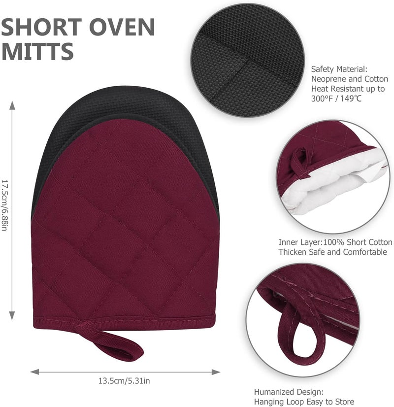 Qulable 1 Pair Short Oven Mitts - Silicone Kitchen Oven Gloves High Heat Resistant 500℉, Mini Oven Mits with Non-Slip Grip Surfaces and Hanging Loop for BBQ, Baking, Cooking and Grilling (Dark Red) - Image 3
