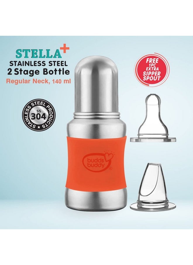 BuddsBuddy Stella Plus Neck New Born Baby Feeding Bottle Made With High Grade Stainless Steel | Rust Free Feeding Bottle With Nipple | Leak Proof Baby Bottle | With Extra Spout Sipper | 180 Ml | Orange  - Image 5