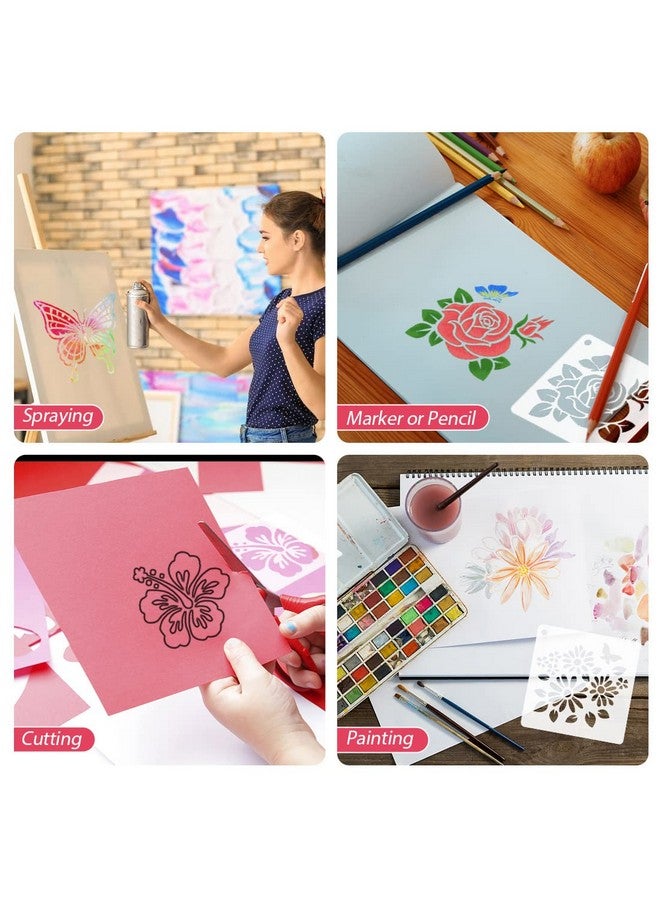 سي أتش هايتشنغ 50 قطعة استنسل اللوحة زهرة قابلة لإعادة الاستخدام زهرة الإستنسل للرسم على الصخور الخشبية قماش قماش الفخار الزجاجي 4X4 بوصة - Image 4
