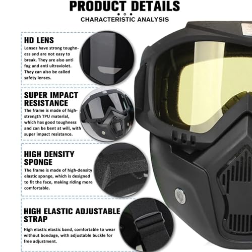 SARTE TPU Goggle Mask Anti Scratch UV Protective Open Face & Eyewear Windproof Dirt Shield Adjustable Strap Soft Foam Padded Detachable for Cycling Bike Off Road Racing Riding Unisex (Yellow) - Image 3