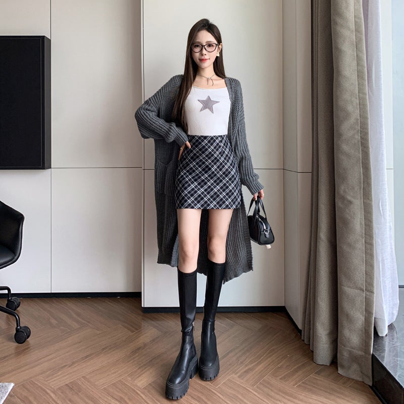 Real S Of American Retro Brown Plaid Anti-Exposure Hip Skirt Korean Style Plaid Skirt A-Line Short Skirt - Image 4