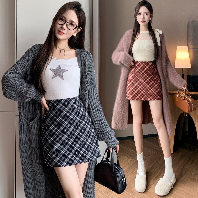 Real S Of American Retro Brown Plaid Anti-Exposure Hip Skirt Korean Style Plaid Skirt A-Line Short Skirt - Image 2