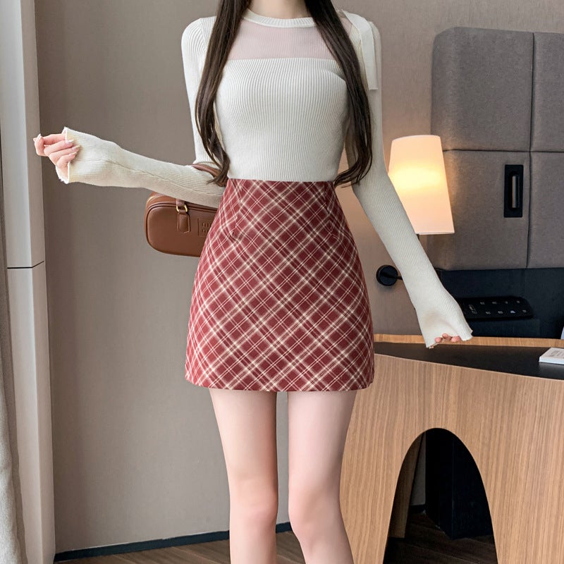 Real S Of American Retro Brown Plaid Anti-Exposure Hip Skirt Korean Style Plaid Skirt A-Line Short Skirt - Image 5