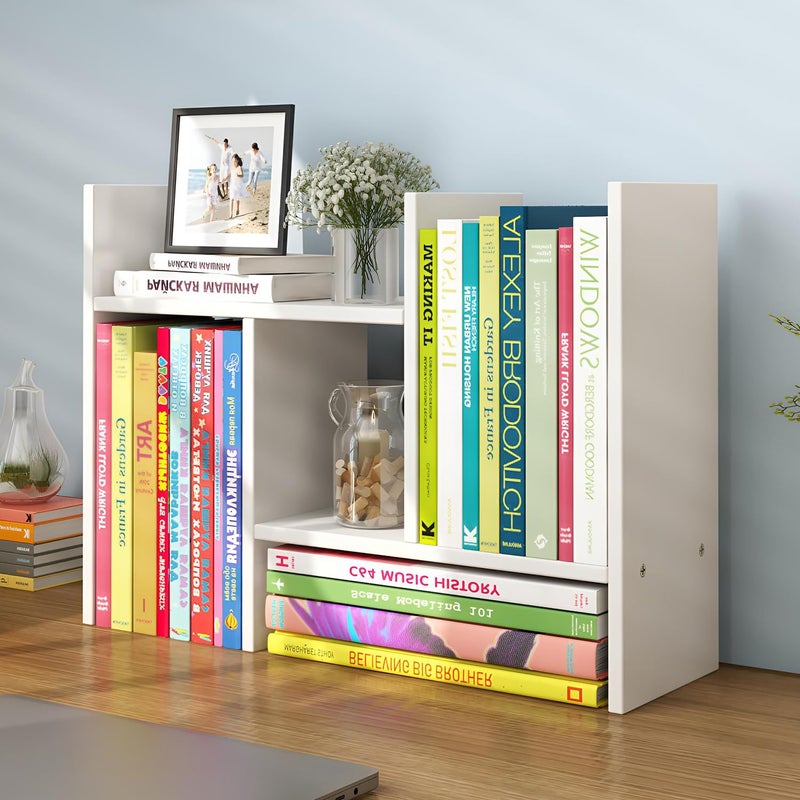 YSJILIDE Wood Adjustable Small Desktop Bookshelf Expandable Storage Organizer Organizer Office Storage Rack Display Shelf Rack Office Supplies Desk OrganizerWhite