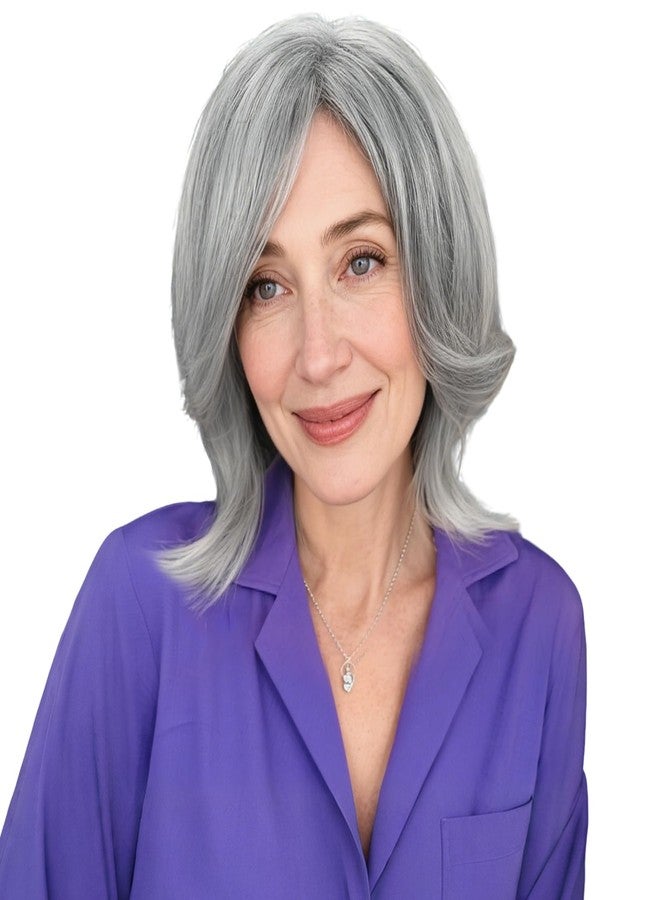 BECUS Salt and Pepper Gray Shoulder Length Wig for Women, Straight Synthetic Heat Resistant Wig, Natural Looking Grey Wig for Thinning Hair, Daily Wear, Party & Cosplay - Image 1