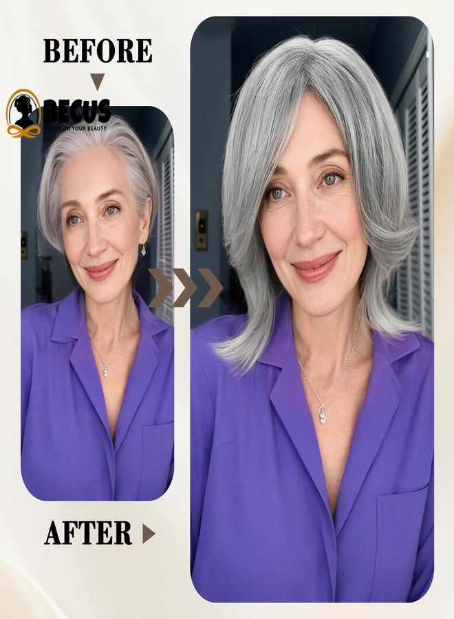 BECUS Salt and Pepper Gray Shoulder Length Wig for Women, Straight Synthetic Heat Resistant Wig, Natural Looking Grey Wig for Thinning Hair, Daily Wear, Party & Cosplay - Image 2