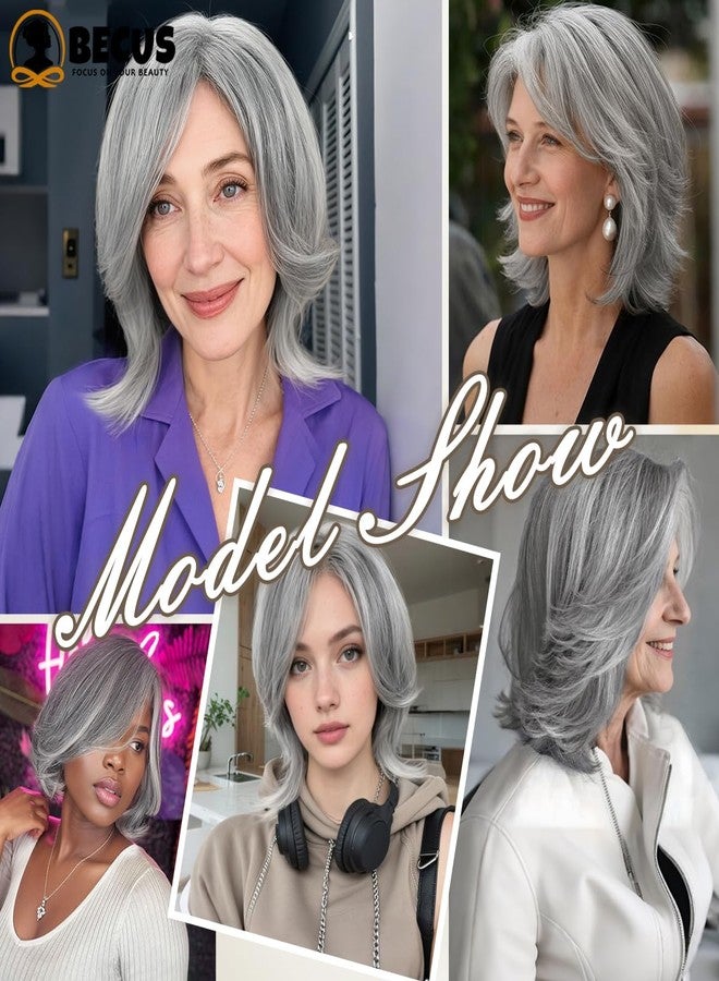 BECUS Salt and Pepper Gray Shoulder Length Wig for Women, Straight Synthetic Heat Resistant Wig, Natural Looking Grey Wig for Thinning Hair, Daily Wear, Party & Cosplay - Image 3