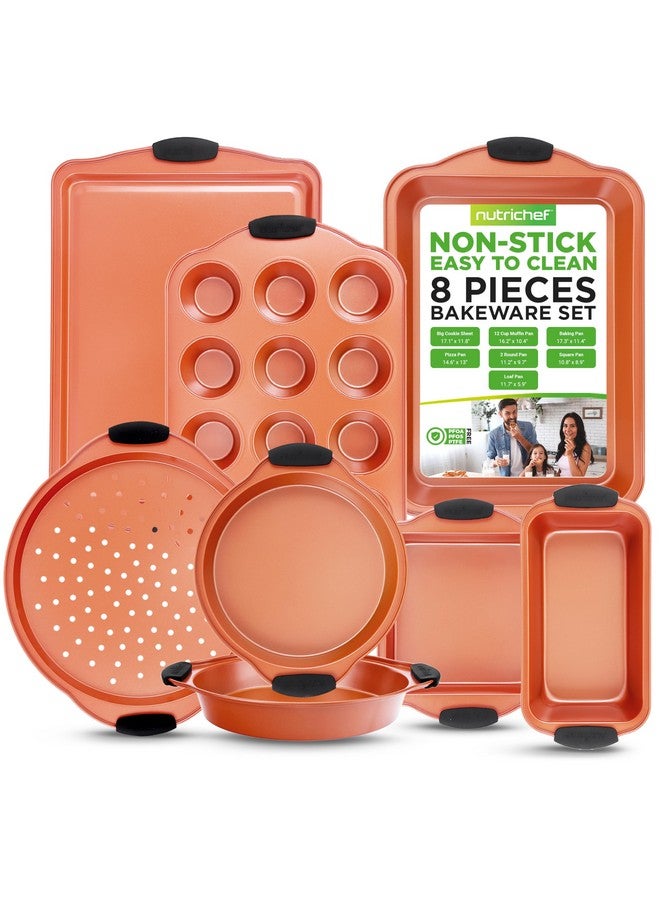NutriChef مجموعة صواني الخبز 8 قطع من نوتري شيف - مجموعة أواني خبز غير لاصقة من الفولاذ الكربوني مع مقابض سيليكون مقاومة للحرارة - تشمل صينية الخبز، صينية المافن، صواني الكعك، صينية البيتزا، صواني الشواء - نحاسي - Image 1