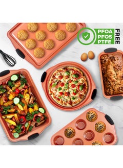 NutriChef NutriChef 8 Piece Baking Pans Set - Nonstick Carbon Steel Bakeware Set w/ Silicone Heat-Safe Handles - Includes Loaf Pan, Muffin Pan, Cookie Sheets, Pizza Crisper, Roasting Pans - Copper  - Image 3
