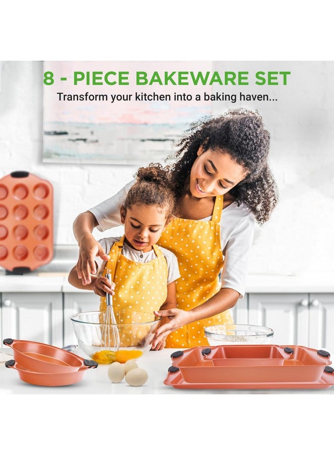 NutriChef مجموعة صواني الخبز 8 قطع من نوتري شيف - مجموعة أواني خبز غير لاصقة من الفولاذ الكربوني مع مقابض سيليكون مقاومة للحرارة - تشمل صينية الخبز، صينية المافن، صواني الكعك، صينية البيتزا، صواني الشواء - نحاسي - Image 2