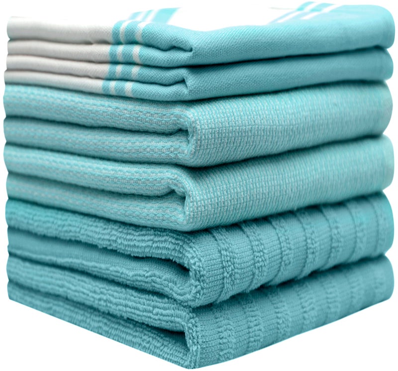 Bumble Towels Premium Kitchen Towels (20â€x 28â€, 6 Pack) | Large Cotton Dish Towels | Flat & Terry Highly Absorbent Kitchen Linen Set with Hanging Loop | Wide Stripe Aqua - Image 2