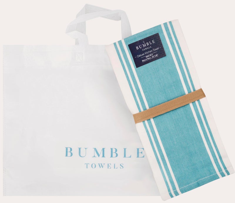 Bumble Towels Premium Kitchen Towels (20â€x 28â€, 6 Pack) | Large Cotton Dish Towels | Flat & Terry Highly Absorbent Kitchen Linen Set with Hanging Loop | Wide Stripe Aqua - Image 5