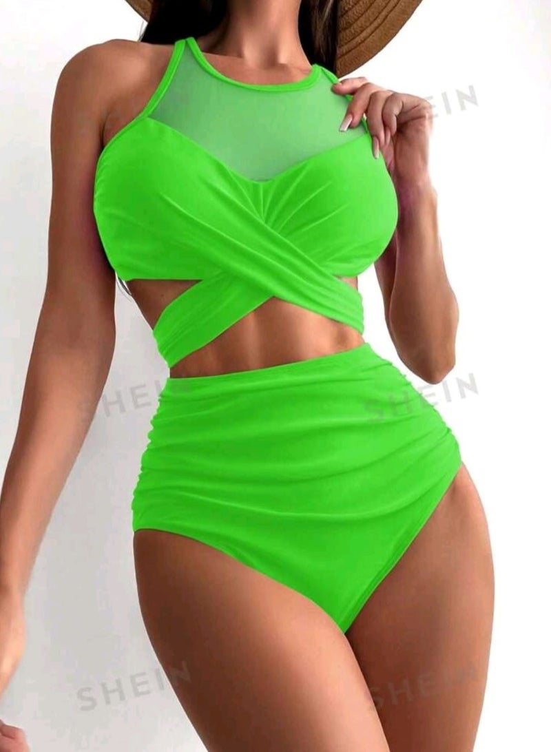 Shein SHEIN Swim Contrast Mesh Criss Cross Ruched Bikini Set  - Image 1