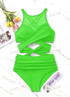 Shein SHEIN Swim Contrast Mesh Criss Cross Ruched Bikini Set  - Image 4