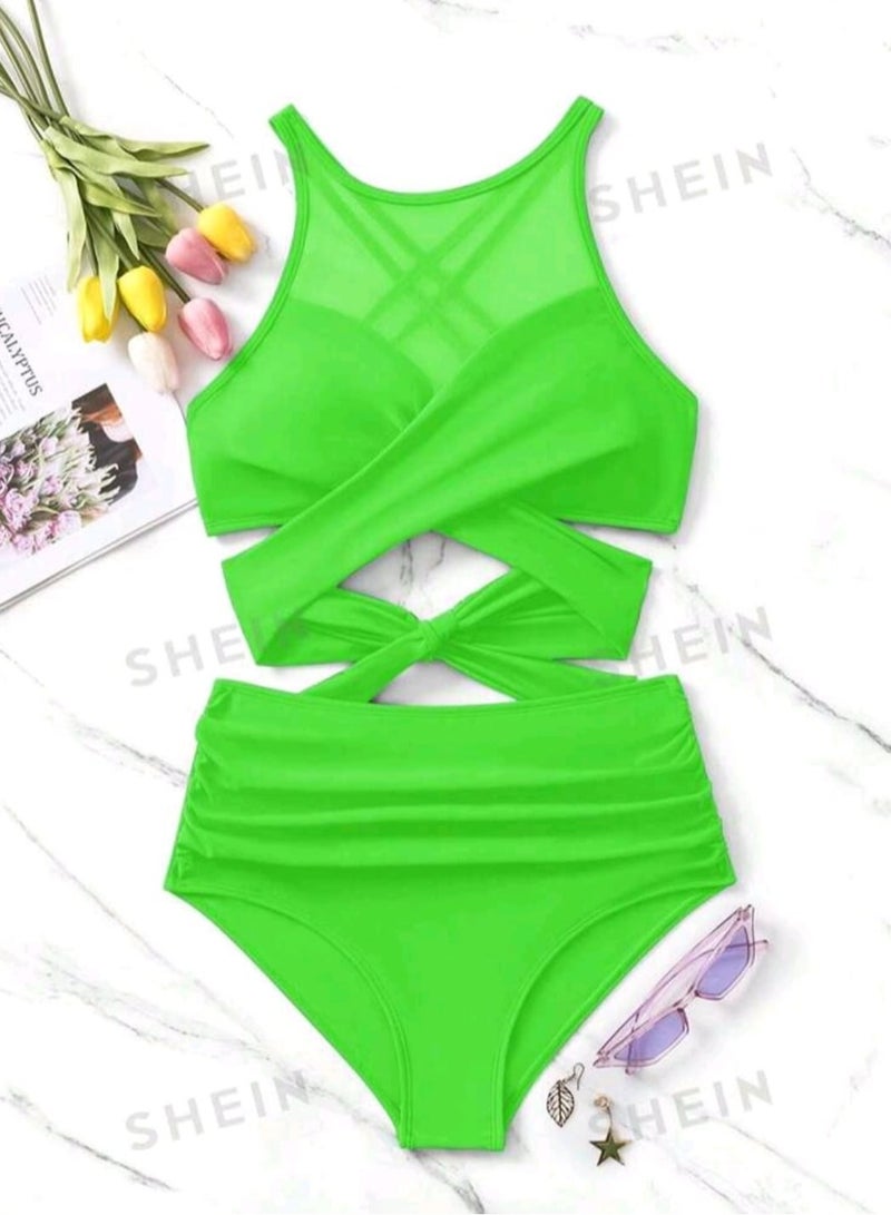 Shein SHEIN Swim Contrast Mesh Criss Cross Ruched Bikini Set  - Image 4
