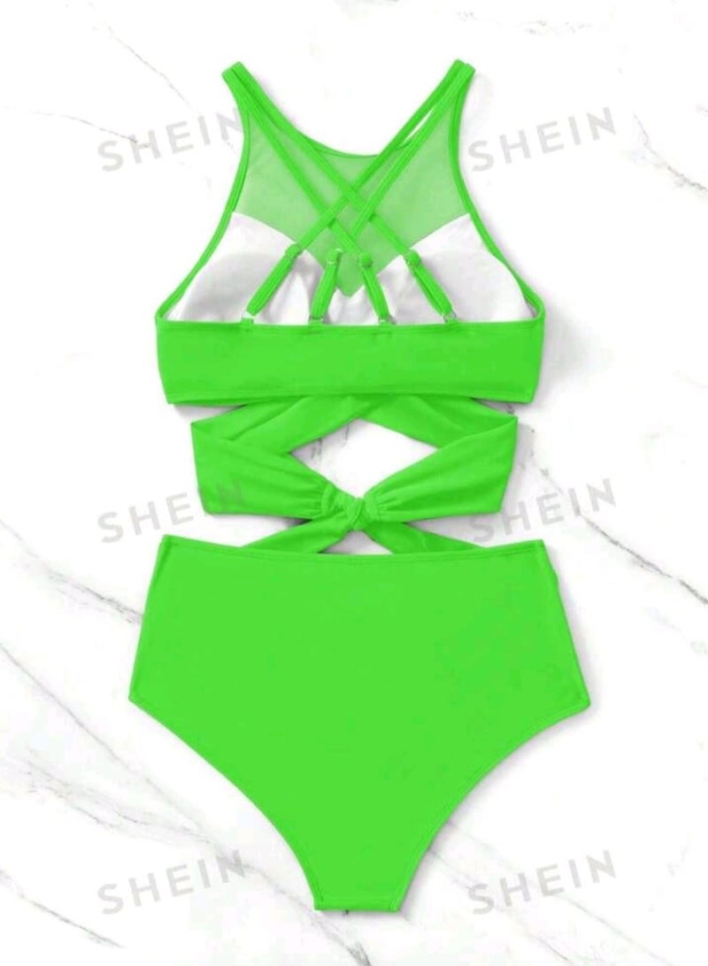SHEIN Swim Contrast Mesh Criss Cross Ruched Bikini Set